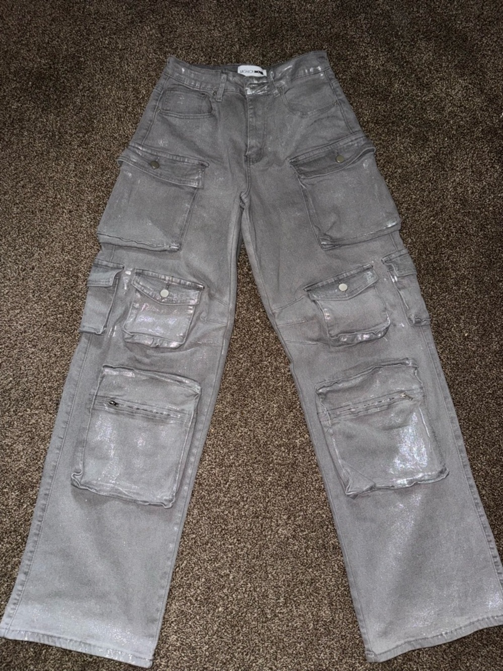 Fashion Nova Metallic Gray Wide-Leg Cargo Pants
